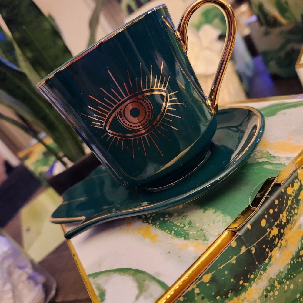 Evil eye ceramic Expresso Coffee Cup with saucer.